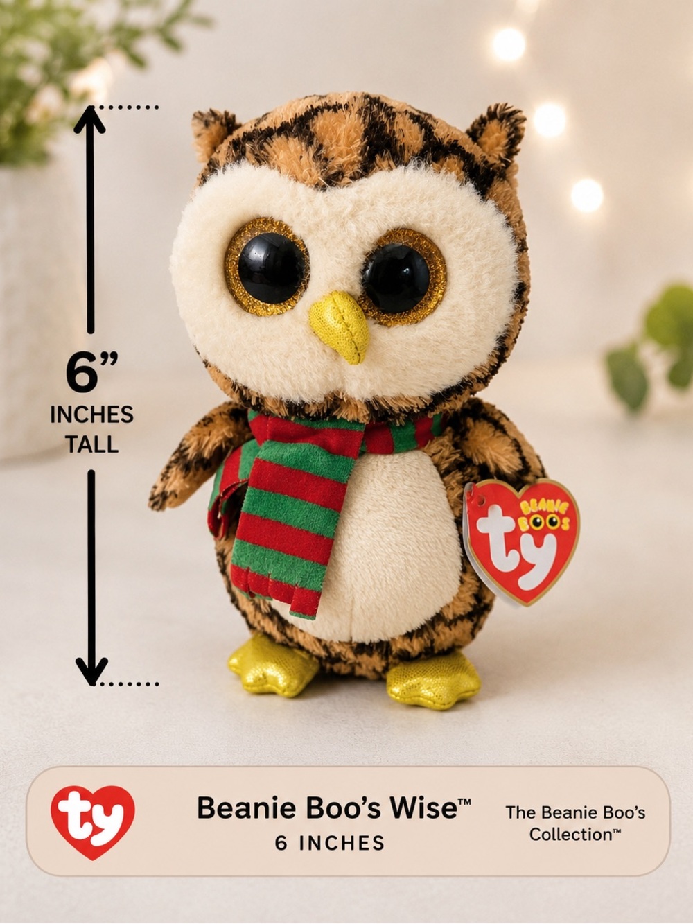 Ty Beanie Boo Wise Brown Owl Plush Red Green Scarf Glitter Eyes New w/ Tags
